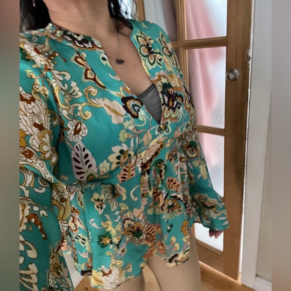 ZARA Boho Floral Kimono Oversized Blouse Top Robe Shirt Turquoise Tie Up Bow XL - Picture 11 of 16